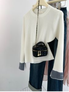 Color Block Long Sleeve Knitted Shirt Slim Fit Casual Design Sensation Cuff Autumn European Style Simple round Neck Top
