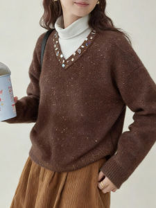 QINGNAER | Laid-back Heavy Sequin V-neck Knit Sweater Big Size Womens