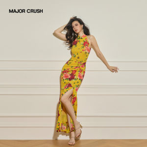 Chinese Style Peony Sleeveless Maxi Dress Yellow