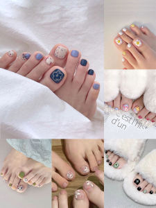 New 2025 Foot Nail Patch Cute Flower Blue Yellow Whitening Summer Toe Nail Art Detachable Pedicure Stickers Easy to Wear And Remove