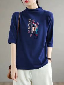 100% Cotton New Spring and Summer Korean Style Print Pullover Loose Slimming Top Cotton Half-high Collar Half Sleeve T-shirt Women