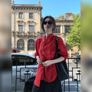 YUFUQING | French Red Long Sleeve Sun Protection Shirt Women Early Autumn New High Sense Loose Personality Versatile Luxury Top Polyester Fiber