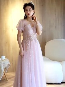 【Clearance sale】 Recoal Korean Birthday Evening Dress Gown Banquet Bridesmaid Maxi Host Pink Dresses 02