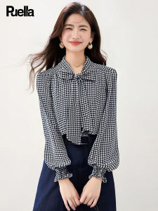 puella | Elegant Simple Black Check Commuter Blouse With Draped Collar