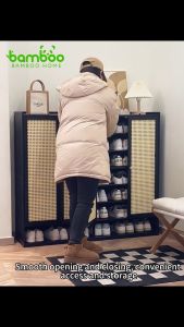 Bamboo Shoes Cabinet Rak Kasut Bertutup 60/90/120cm Rattan Door Shoes Rack Dustproof And Breathable Almari Kasut 鞋柜