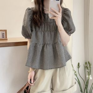 AIYITI | French Check Short Sleeve Shirt for Plus Size Women 2026 Summer New Slimming Top