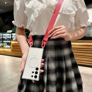 Crossbody Wide Lanyard Adjustable Case For Samsung S23 S24 S25 S26 Ultra Plus Clear Magnetic Wireless Charging Shockproof Cover