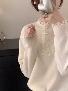 Autumn Fashion Lace Insertion Semi-high Collar Knitted Sweater