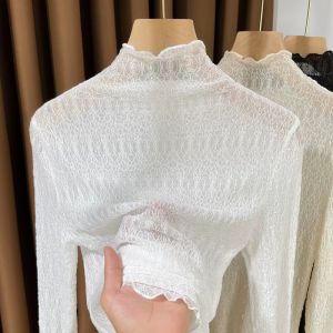 GEBOFU | Lace Semi-High Collar T-Shirt with Lace Trim Long Sleeve for Layering
