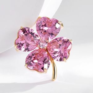 High-End Gold Plated Crystal Four-leaf Clover Pin Brooch for Suit Coat Jacket Fixed Clothing Barrette Fashion Accessory