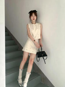 French Elegant Sleeveless Wrap Top Womens High Waist Slim A-Line Mini Skirt Two-Piece Set Fashionable Casual Outfit