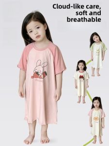 miiow | Pure Cotton Summer Thin Short Sleeve Childrens Dress Cat Girl Sleepwear Home Clothes Soft Comfortable Breathable Kids Clothing