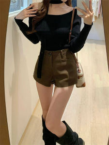 กางเกงขาสั้นผ้าขนสัตว์ทรงเข้ารูปเอวสูงสไตล์ย้อนยุคสำหรับผู้หญิงไซส์ใหญ่ ฤดูใบไม้ผลิและฤดูใบไม้ร่วง กางเกงขาสั้นทรงเอสีสันสดใส