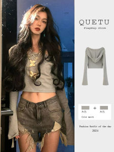 Retro American Grey Hooded Long Sleeve T-Shirt Womens Short Style Sweet And Spicy Girl Exposed Navel Top for Autumn