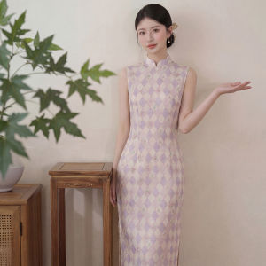 Purple Sleeveless Modern Chinese Style Elegantly Slimming Dress