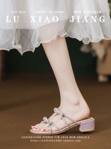 Sheepskin Version Fairy Tale Butterfly Knot Sandals Women Summer Outdoor Wear with Skirts Thick Heel Diamond Studded Slippers