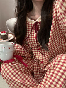 Korean Style Thickened Fleece Sleepwear Long Sleeve Long Pants Home Clothes Red Grid Design Winter Warm Womens Set