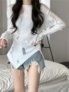 ไม่เท่ากัน Hole Knitted เสื้อท่อนบน สําหรับผู้หญิง Early ฤดูใบไม้ร่วง แขนยาว สลิมฟิต หวาน และแจ๊กเก็ตเผ็ด ดีไซน์ สไตล์เกาหลี Office Commute