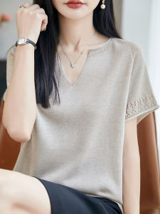 BAIWEISILI | New V-Neck Lace Hollow Pure Color Short Sleeve Thin Ice Silk Blouse