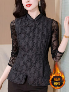 New Chinese Style Womens Quilted Cotton Vest Jacket with Button Warm Fashionable Top for Autumn Winter Thickened Stand Collar