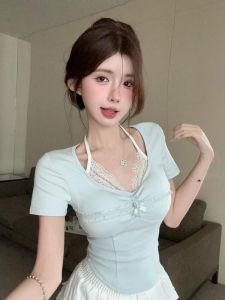 Korean Style Pure Desire Lace Trim Short Sleeve T-Shirt Women Summer New Design Slim Fit Top Ins False Two-Piece Pullover