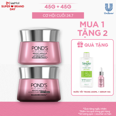 Bộ 2 Kem dưỡng sáng da đa tầng ngày & đêm Pond's Bright Miracle mờ thâm sạm với 50X Niasorcinol 45G+45G