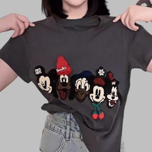 Áo Thun Cotton Tay Ngắn Ôm Vừa Vặn Cổ Tròn Thêu Hình Mickey Khăn Choàng Mùa Hè Thời Trang Nữ Chất Liệu Cotton Nguyên Chất