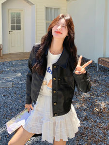 Black Eco-Friendly Leather Jacket Womens Short Style Collarless 2025 Autumn New Hong Kong Style Retro Design PU Leather Coat