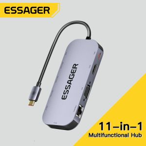 Essager USB C HUB 11 in 1 Converter Type C to HDMI Multi Adapter USB 3.2 VGA RJ45 Card Reader PD 100W Adapter For Mbk Pro Laptop Phone Tablet