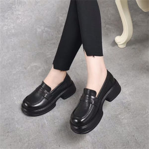 Fashionable Thick Bottom Platform Loafers Womens Shoes Soft Leather round Toe Deep Mouth Casual Single Shoes Spring Autumn