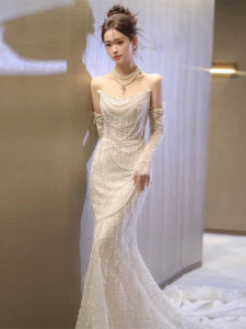 French Light Wedding Dress Fancy Pearl Heavy Industry White Wedding Veil Fishtail Tube Top Engagement Wedding Toast Dress Female