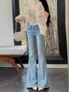 Heavy Duty Glitter Rhinestone High Waist Bell Bottom Jeans Womens Spring Long Elastic Ankle Dragging Pants Casual Style