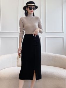 plus Size Chinese Style Embroidered Button Split Skirt Womens Summer Fashion Drapey Meat Concealing Slimming Half-length Skirt