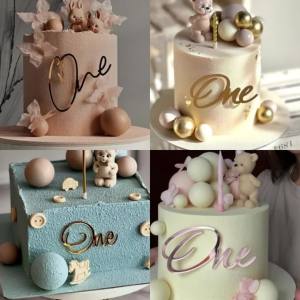 Gloss Gold Cake Topper with Baby One Design Cake Decoration for Little Kids One Year Old Birthday Party Dessert Table Ornaments