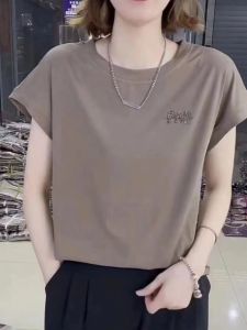 Fashionable Rhinestone Letter Short Sleeve T-Shirt Womens Casual Loose Slimming Solid Color Versatile Youthful Summer Top
