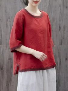 Retro Cotton Linen Embroidered Shirt Women Summer Loose Fit Short Sleeve T-Shirt Korean Style Small Top plus Size Upperwear