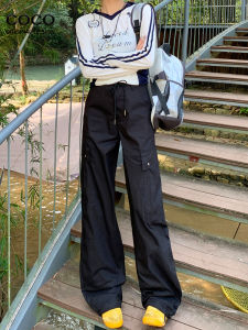 High Waist Black Quick Dry Work Trousers for Women Loose Straight Leg Drawstring Design Autumn 2024 New Style Casual Pants