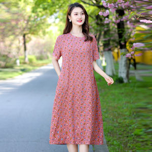 Summer 2023 Loose Fit Short Sleeve Dress Artificial Cotton Knee-Length Outerwear for Middle-Aged Women Home Style round Neck
