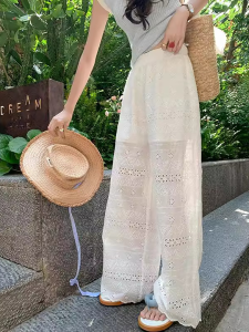 กางเกงขายาวทรงตรงผ้าลูกไม้ปักลายเอวสูงทรงหลวมสำหรับผู้หญิงในช่วงฤดูร้อน กางเกงขายาวทรงหลวมสำหรับใส่ไปเที่ยวในช่วงฤดูร้อน