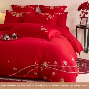 SIBAISE | Bộ Drap Giường Bông Màu Đỏ Cưới Hỏi