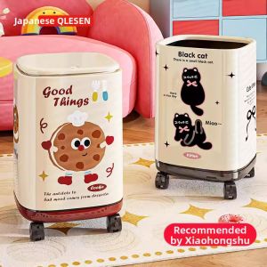 QIAOLESEN | Wheel Large Capacity Aesthetic Trash Can with Lid