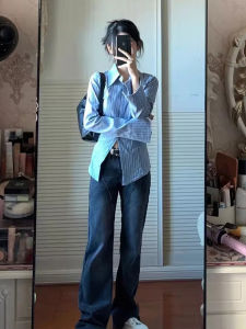 French Blue Striped Womens Shirt Spring Autumn 2025 New High-End Inner Wear Layering Commute Personality Shirt Jacket