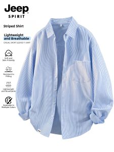 JEEP SPIRIT | Blue Striped Long Sleeve New Spring Summer Turn-Down Collar Loose Casual Shirt Jacket