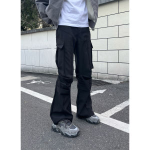 American Street Style Spliced Pleated Flared Workwear Jeans Men CleanFit Loose High-End Commuter Casual Pants