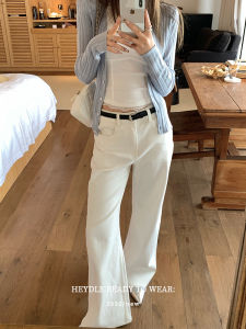 Black Bean H Humming Vibe* White Denim Jeans Women Summer Mid-Waist Straight Leg Wide Leg Pants Versatile Cotton Stretch Denim