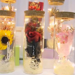 NUVOX Artificial Eternal Flowers in Glass Wishing Bottle with LED Lightfor WomenBrithday GiftsMothers DayWedding.(SunflowerRoseCarnation)