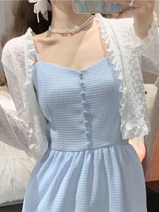 Sweet Summer Lace Shirt Womens Short Cardigan Shoulder Padded Breathable Long Sleeve V-neck Korean Style Loose Fit Other 100%