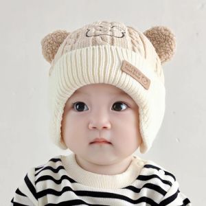 Warm Cute Bear Ear Warmer Knitted Woolen Hat for Babies 3-18 Months Autumn Winter Style Outdoor Windproof Protection Hat