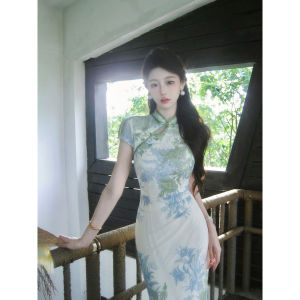 LINGQIAN | Elegant Print Short Sleeve Fitted Daily Cheongsam Dress