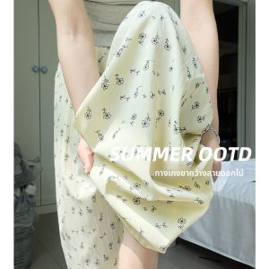 กางเกงขายาวทรงหลวมเอวสูงลายดอกไม้สีขาวสำหรับผู้หญิง กางเกงขายาวทรงหลวมลำลองในช่วงฤดูร้อน ผ้าบาง ทรงหลวม ทรงสลิมฟิต